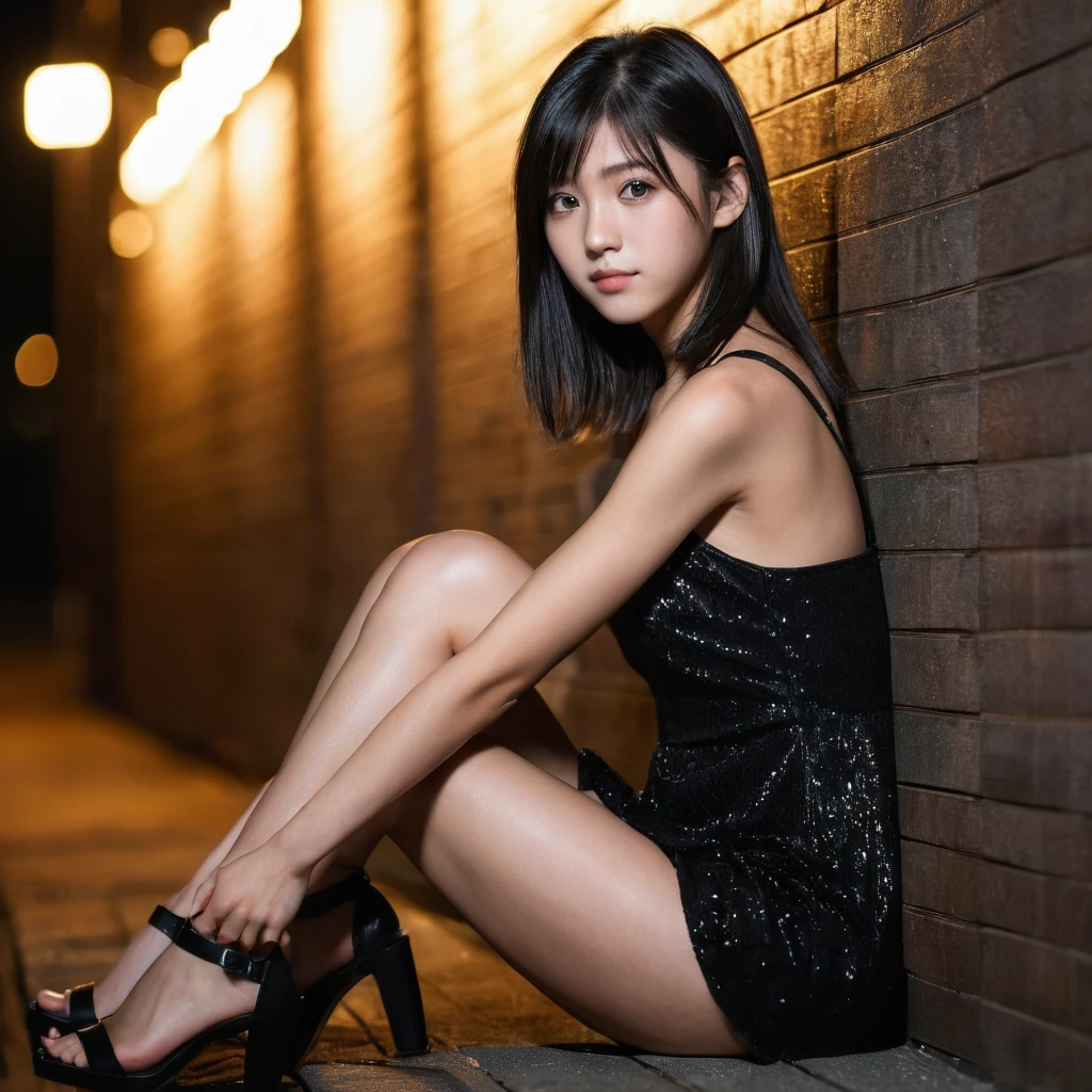 Yui, photo of female, age 15 year, black shoulder length hair with brown highlights; (dslr, ultra quality, film grain, Fujifilm XT3, crystal clear, 8K UHD, highly detailed glossy eyes, high detailed skin, skin pores); at night, distant light, dim lighting, dark, she is squating, wearing mini tight black dress, side view, very tall heel