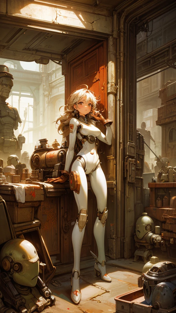Highest quality、Highly detailed、Full Body Shot、A beautiful girl who is always smiling、Pure white teeth、Disheveled Hair、Shabby bodysuit、Surrounded by vintage toy robots、A city made of tin and metal like a can、A cluttered city、Retro、Sepia contrast、Rusty Door、Fantasy Punk City、Warm atmosphere