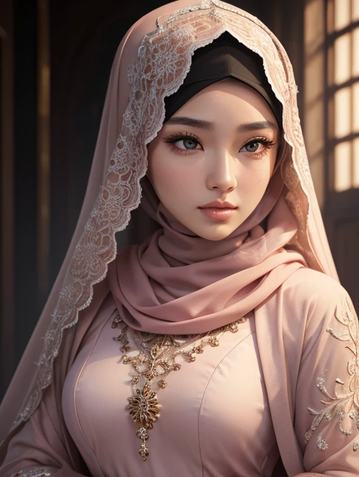 .masterpiece:1.2, highest quality), realistic, (real image, intricate details, Depth of bounds written), (1 girl, alone), compensate, parted lips, very detailed, perfect face, (skin dents), Shiny coral lips, (Girl in a full hijab, Islamic clothing), blush, thunderbolt baal (General Raiden) From Genshin Impact,very detailed手,