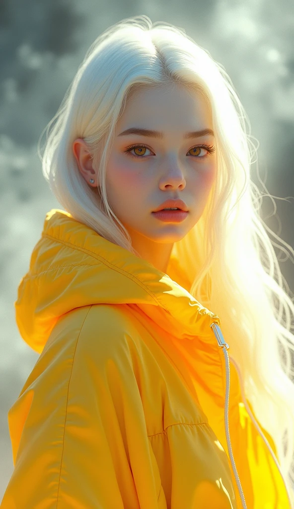 Create a 3D illustration of a 25 year old girl pure devine White skin, wearing a yellow jacket with glowing color, smoke artistically forming a frame edit Photoshop Computer named, style, detailed face, focus on face, 8K