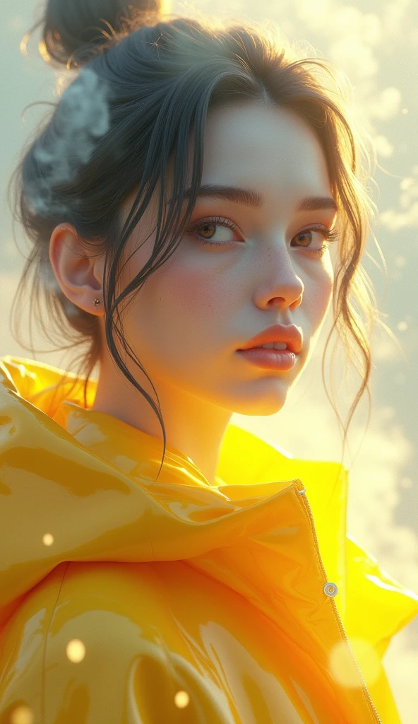 Create a 3D illustration of a 25 year old girl pure devine White skin, wearing a yellow jacket with glowing color, smoke artistically forming a frame edit Photoshop Computer named, style, detailed face, focus on face, 8K