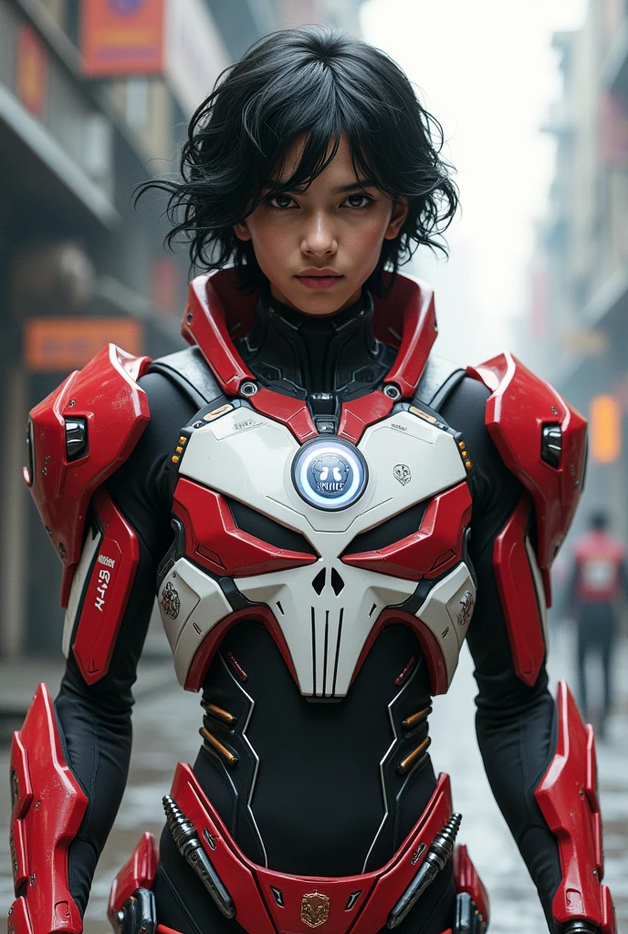 Boy malay Indonesia wear red white exoskeleton. Robot face on body. Led nipple blue. Black hair little white hair detail. . 19 year old boy. Wavy hair. Tan skin. High tech suit. Mirage armor . Taking anger robot face red. Emoji robot. Punisher logo. Robot logo. Mechanize robot face at chest. Talking robot on body. Robot look front.. robocop concept. Gi goe. Red white. Ultraman suit. Round shape Robot face on center. Robot eyes on nipples suit.