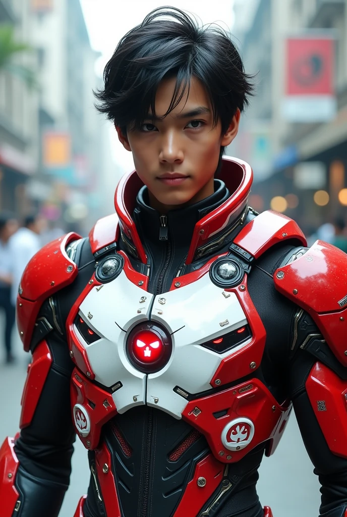 Boy malay Indonesia wear red white exoskeleton. Robot face on body. Led nipple blue. Black hair little white hair detail. . 19 year old boy. Wavy hair. Tan skin. High tech suit. Mirage armor . Taking anger robot face red. Emoji robot. Punisher logo. Robot logo. Mechanize robot face at chest. Talking robot on body. Robot look front.. robocop concept. Gi goe. Red white. Ultraman suit. Round shape Robot face on center. Robot eyes on nipples suit.