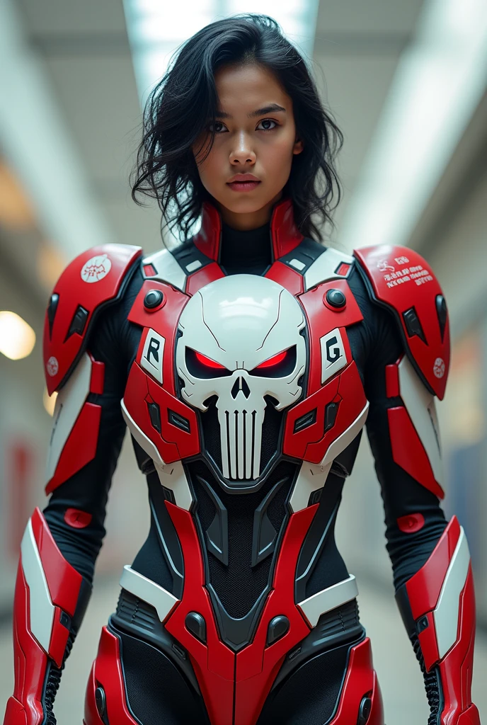 Boy malay Indonesia wear red white exoskeleton. Robot face on body. Led nipple blue. Black hair little white hair detail. . 19 year old boy. Wavy hair. Tan skin. High tech suit. Mirage armor . Taking anger robot face red. Emoji robot. Punisher logo. Robot logo. Mechanize robot face at chest. Talking robot on body. Robot look front.. robocop concept. Gi goe. Red white. Ultraman suit. Round shape Robot face on center. Robot eyes on nipples suit.