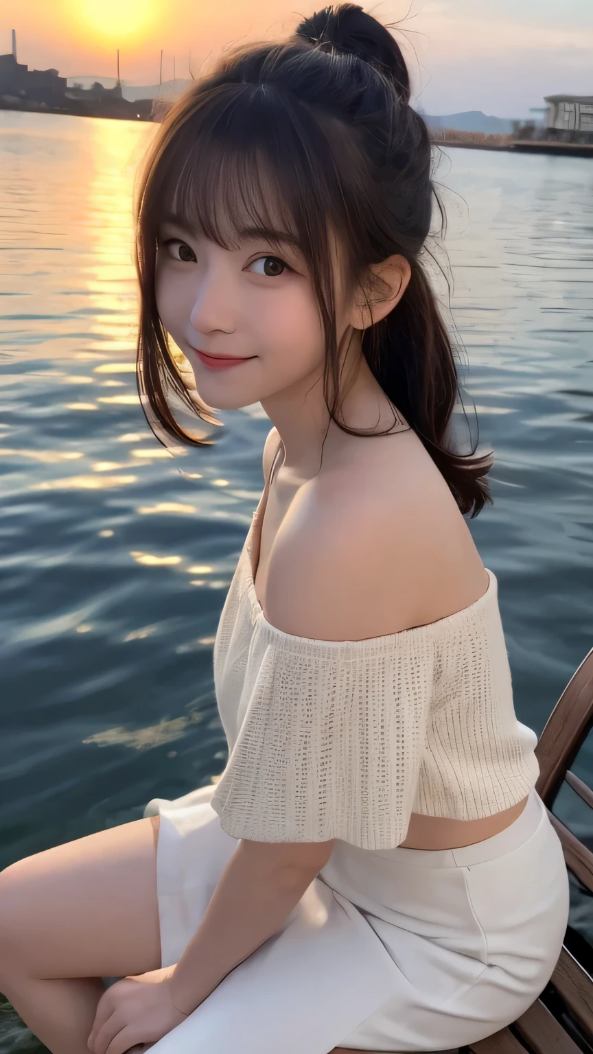 Best image quality (8k, High resolution, masterpiece: 1.2), Very detailed, Random Hairstyles, 26-year-old woman,
Extraordinary beautiful girl、Cute and beautiful face details、(Dealing with the Children_v1:0.008)、
score_9, score_8_upper, score_7_upper,
situation: Sitting on a bench by the sea、Girl gazing at the setting sun。The orange light gently illuminates her face.、I am enveloped in a quiet sense of happiness。
system: Lean your back on the bench、Relax in a seated position with one hand on the back of the bench.。With a drink in the other hand、Gazing into the distance with a calm expression。
Camera angle: A low-angle shot of her profile and the sunset.、The sunlight highlights her silhouette.。The expansive sea and sky are reflected in the background.。
clothing: In a white off-shoulder top、Paired with a thin long skirt。A light shawl draped over her shoulders、Sandals for your feet。
,Active stop temporarily ,
On her side、The thunder danced。
Focus on the upper waist
, Random cute poses ,Big eyes ,Puffy eyes , Heart pupil, blush , Big shy smile , salute