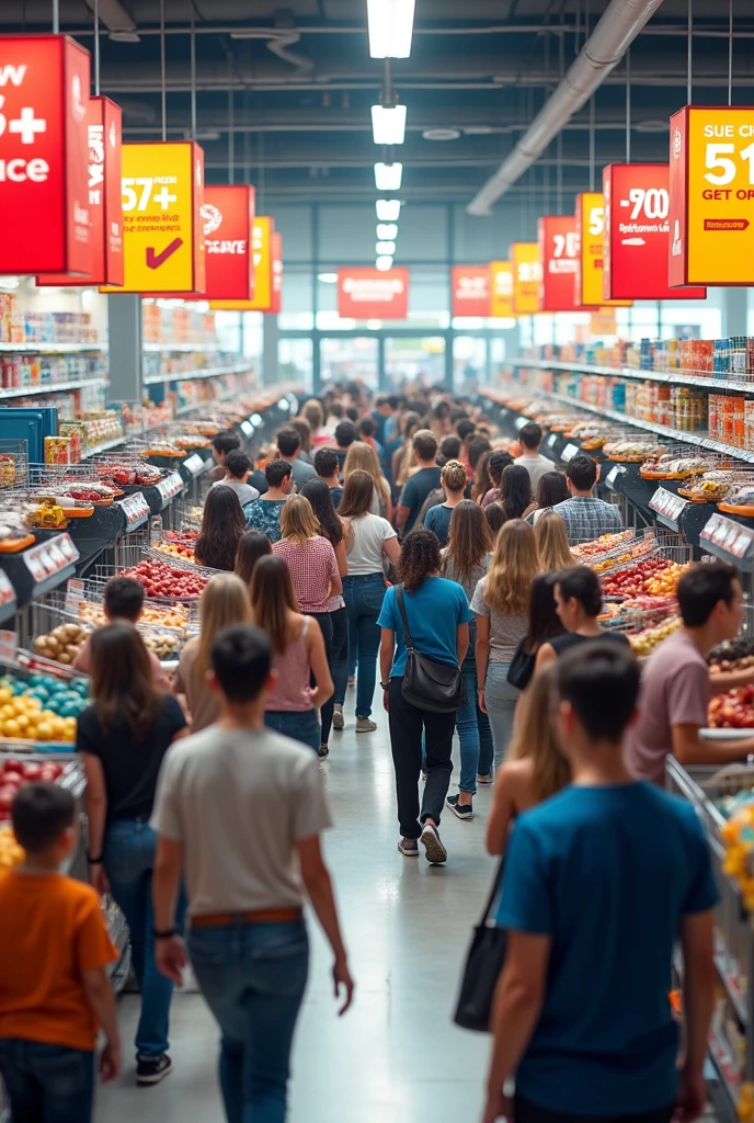 Supermarket with promotional products, many customers are queuing