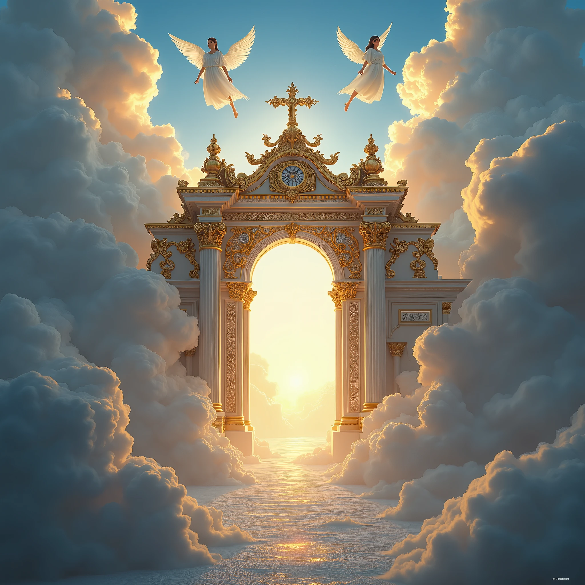 pearly gates of heaven, ethereal, intricate details, angels, clouds, 7th sky