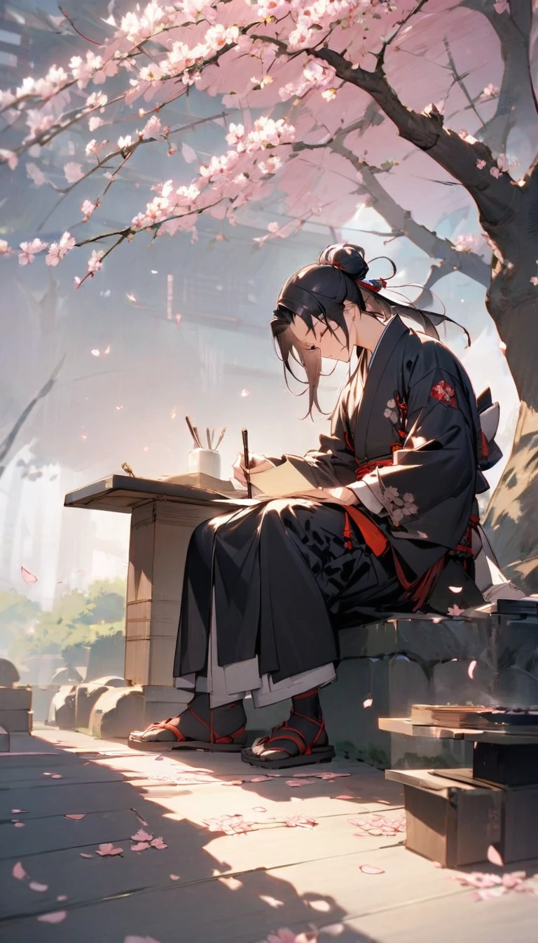 "A samurai sitting under a cherry blossom tree, writing a haiku on a piece of parchment. The petals gently fall around him, creating a serene atmosphere."