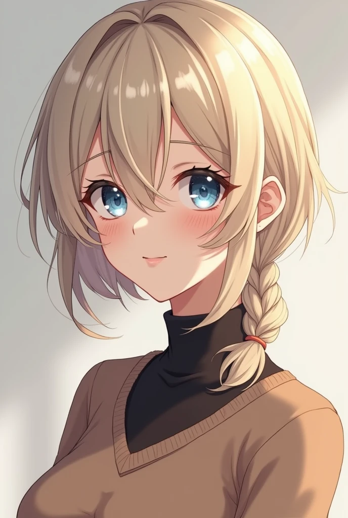 (photorealism:1.2), Anime woman, pale blonde, turtleneck sweater, short hair, braided mullet, smile, blue eyes, adult woman, grown up, demure, full body