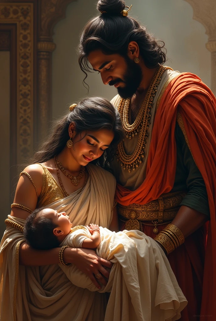 Create an image where Shivaji Maharaj just born in the hands of his mother and the father in the king suit standing beside the mother