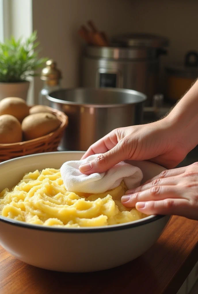 Mash the potatoes and dry them with a napkin.