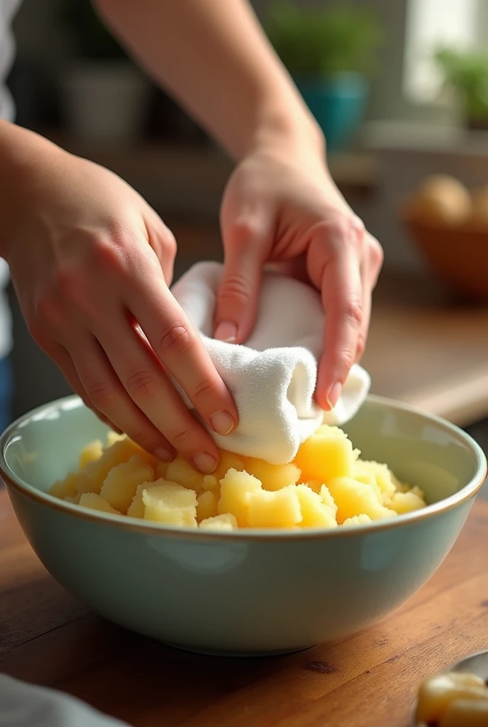 Mash the potatoes and dry them with a napkin.