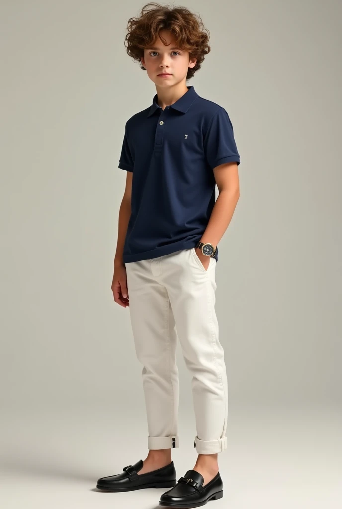 A boy with curly hair and navy blue polo t shirt and white color trouser and a old watch and black color loafers