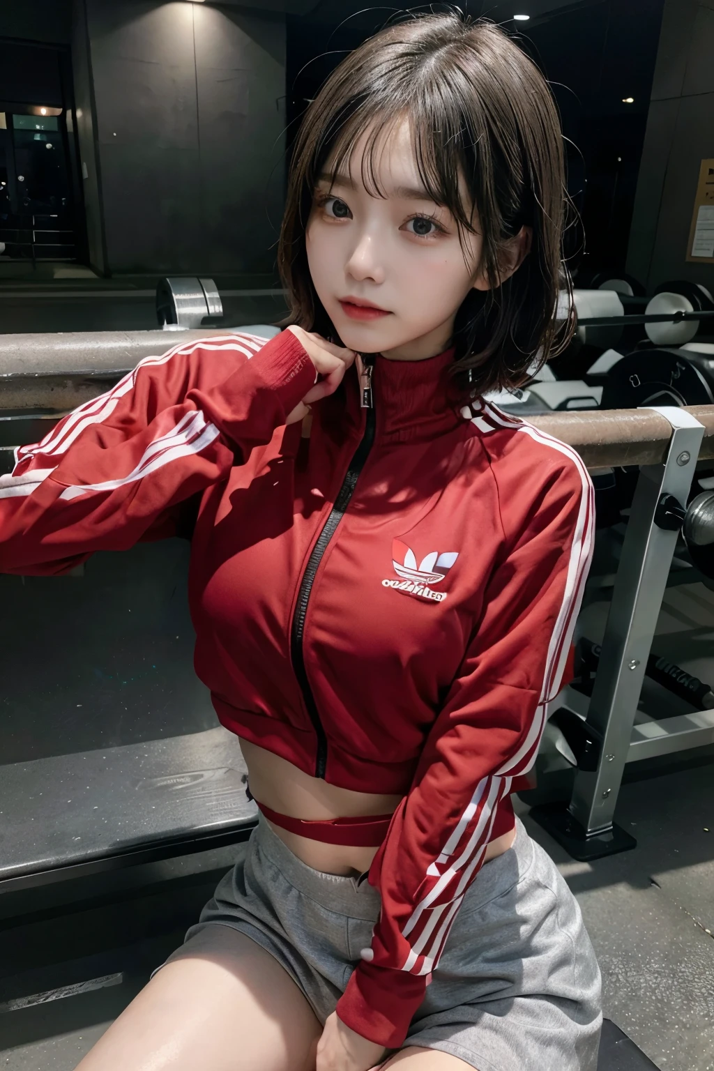 He is wearing a red Adidas tracksuit with long sleeves and a zipper at the front.、Big Breasts、Short Hair