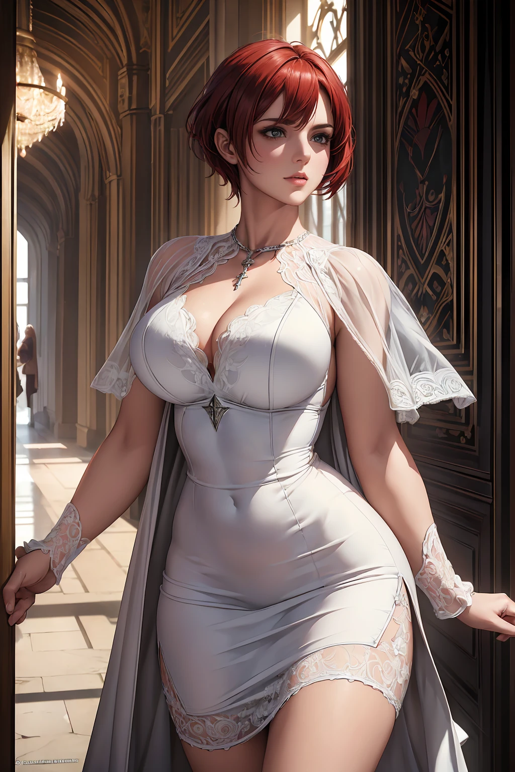 (Masterpiece, Best Quality), ((Photorealistic, RAW Photo, 8K)), Intricate details, Shadowed face, There is a woman in a white dress, Red-haired short-haired woman, 40 years old, Knight Templar , Kushart Krenz Key Art Feminine, Inside the Palace, Dark Interior, Light on the Face, Face with Shadow, Realistic Photograph