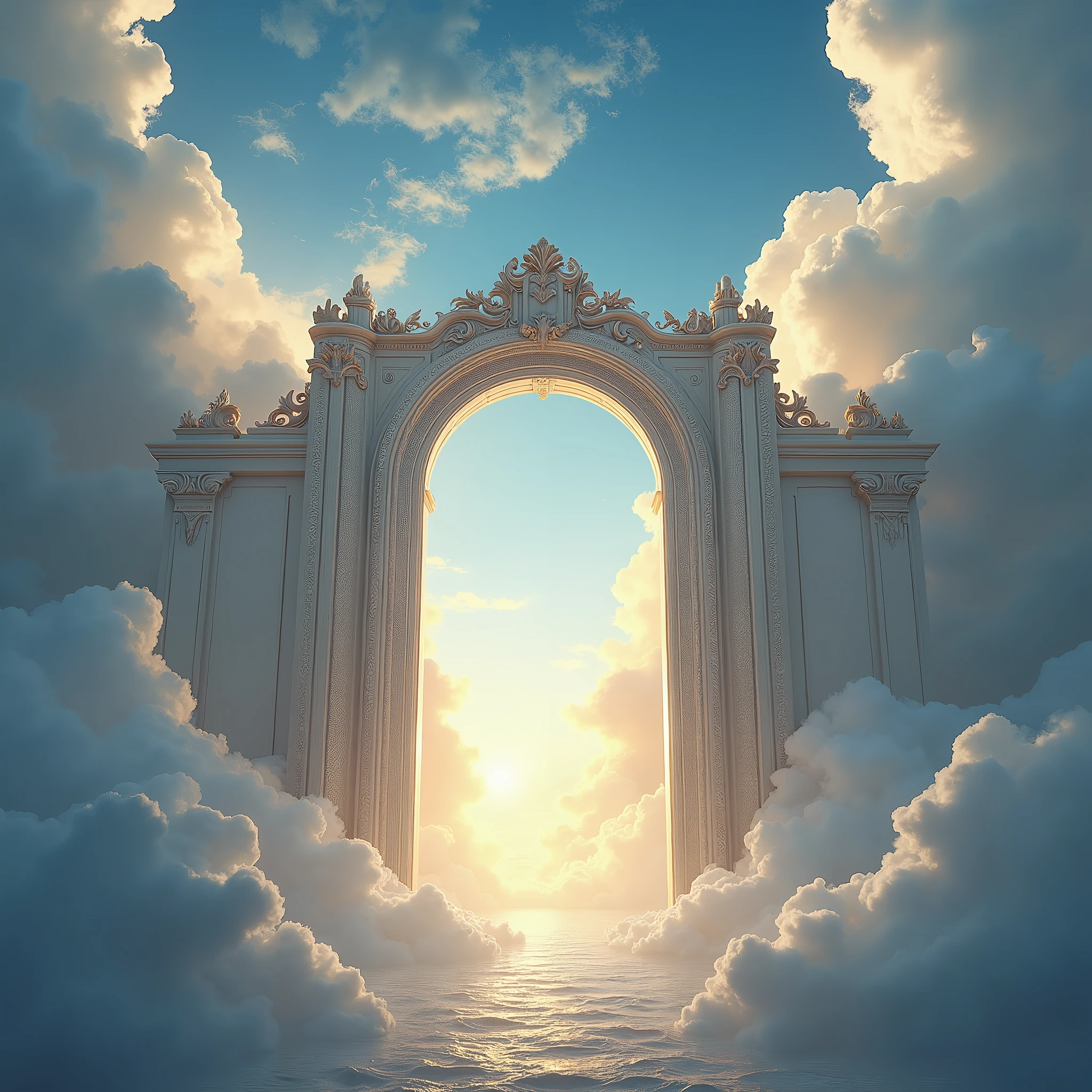 pearly gates of heaven, ethereal, intricate details, angels, clouds, 7th sky