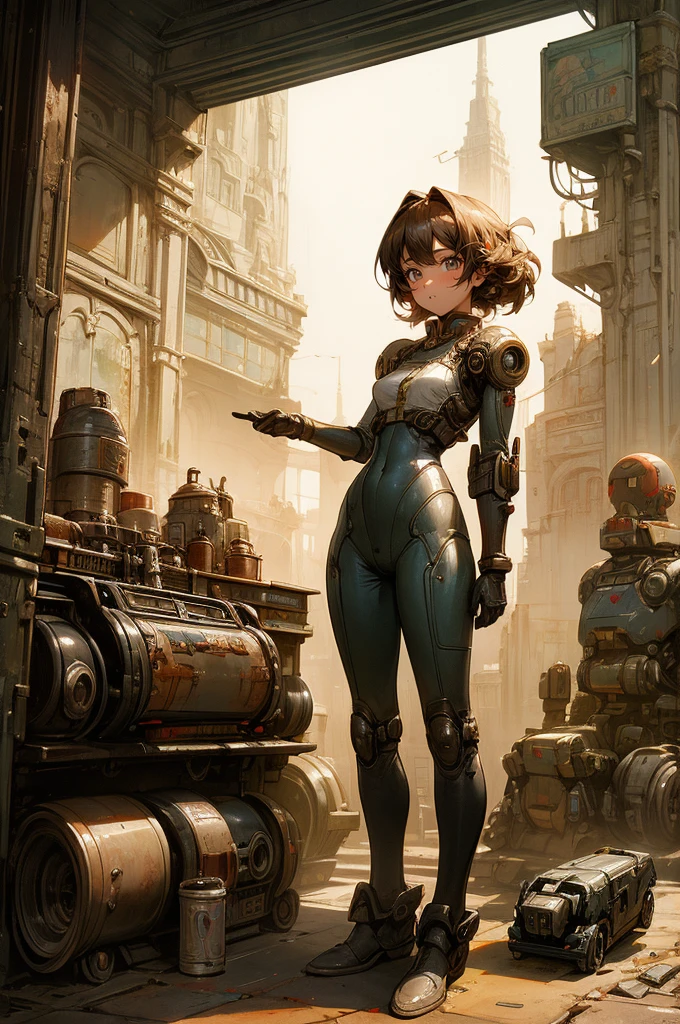 Highest quality、Highly detailed、Full Body Shot、A beautiful girl who is always smiling、Pure white teeth、Disheveled Hair、Shabby bodysuit、Surrounded by vintage toy robots、A city made of tin and metal like a can、A cluttered city、Retro、Sepia contrast、Rusty Door、Fantasy Punk City、Warm atmosphere