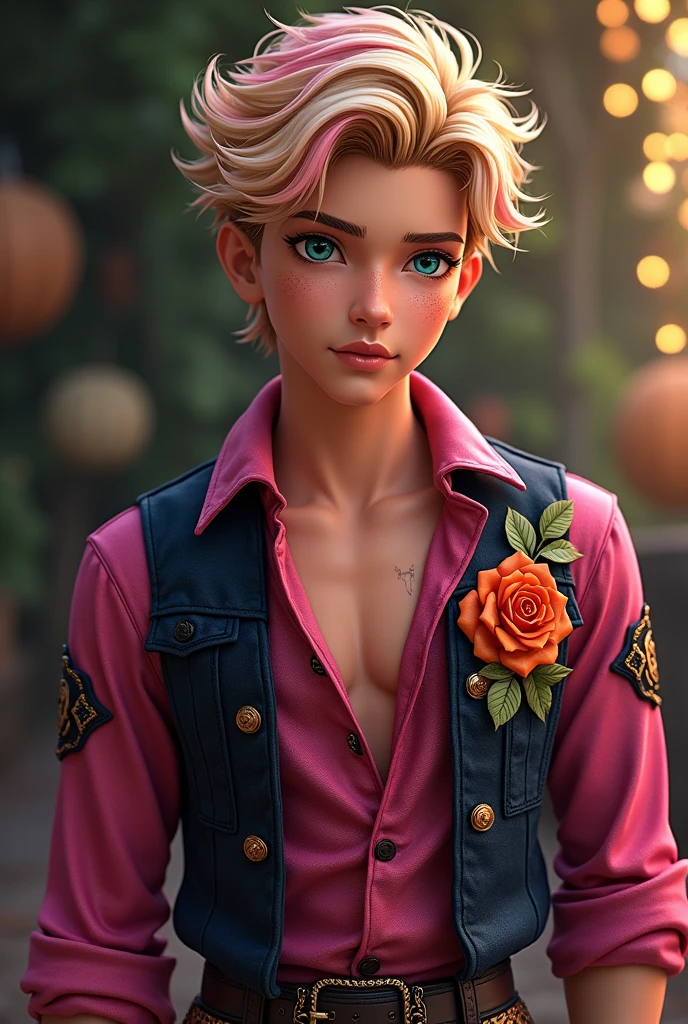 Imagem do filho da Briar Beauty e da Ashlynn Ella de Ever After High:: LnF , a sexy teenage boy with golden hair with some pink highlights, light brown skin with freckles, greeneyes, dark pink outfit with black and navy blue and with elements of roses and pumpkins in the outfit 