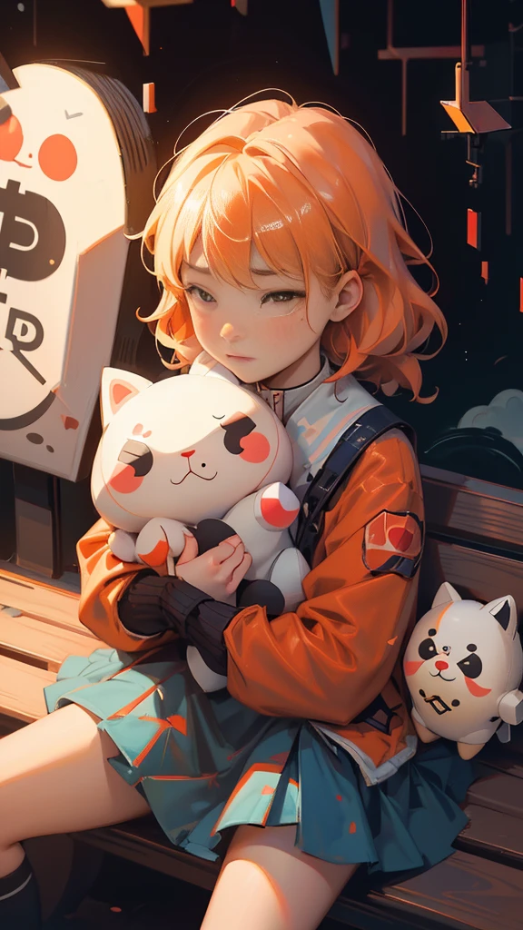 there is a girl that is sitting on a bench with sad face, satoshi, bitcoin evil, 🚀🚀🚀, crypto, 3 0, bitcoin, cryptocurrency, (((luke chueh))), ripple, doge, official fanart, 3 1, official artwork, daoshi, satoshi con, this is fine, official art, sad face, red color theme 🔞🤡