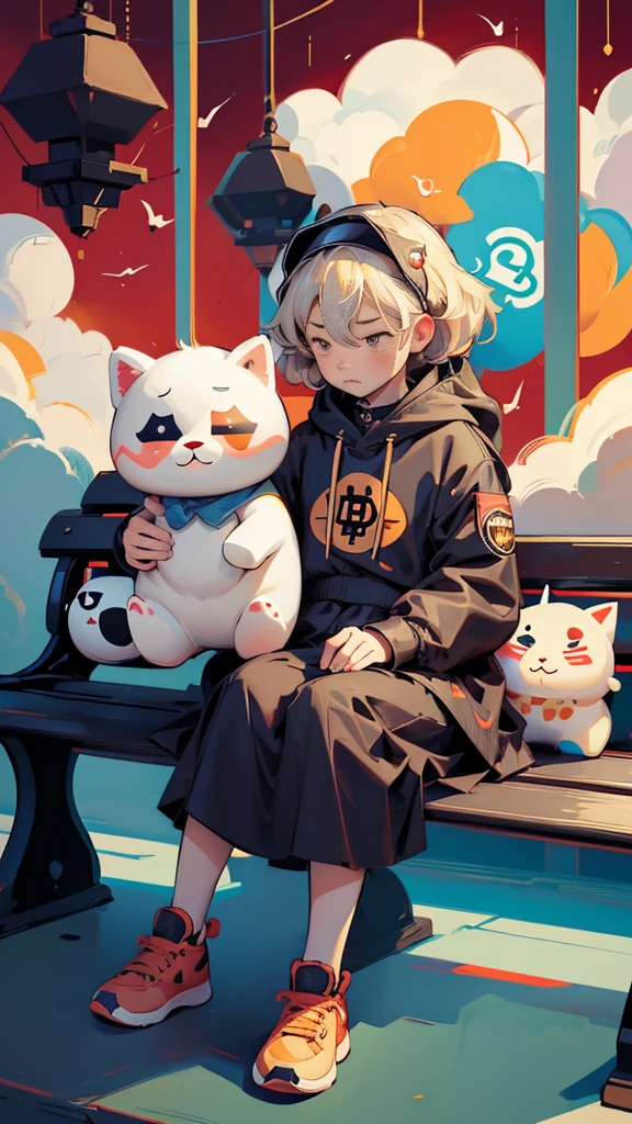 there is a girl that is sitting on a bench with sad face, satoshi, bitcoin evil, 🚀🚀🚀, crypto, 3 0, bitcoin, cryptocurrency, (((luke chueh))), ripple, doge, official fanart, 3 1, official artwork, daoshi, satoshi con, this is fine, official art, sad face, red color theme 🔞🤡