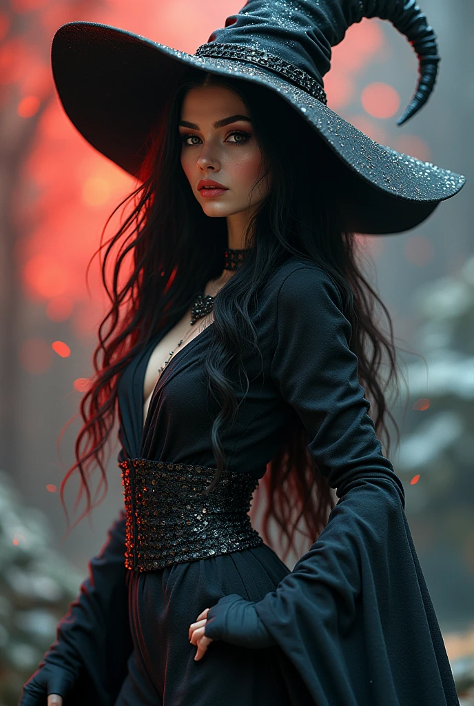 a modern witch in realistic style, beautiful detailed eyes, beautiful detailed lips, extremely detailed face, long eyelashes, intricate detailed dress, rubber hose limbs, dynamic pose, (best quality,4k,8k,highres,masterpiece:1.2),ultra-detailed,(realistic,photorealistic,photo-realistic:1.37),vivid colors,professional painting