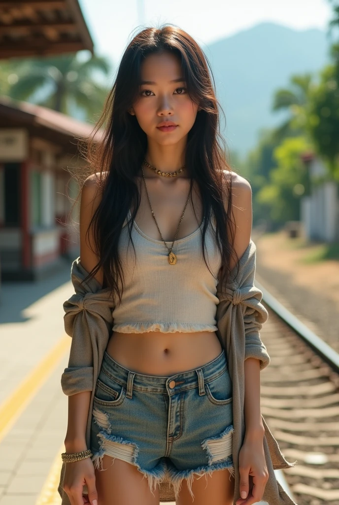 30s Thai woman, cute face, long hair, fair skin, wearing an old tank top, ripped shorts, ripped shirt, flip flops. I remember the same person as the train station. Realistic image, bright sunlight, distant mountains in the background, green trees, macro camera lens, high resolution.