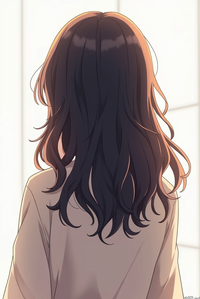 Semi-long hairstyle seen from the back、Top Volume、Hair bouncing on shoulders、Bulging at the back of the head、Outside flip、Tightening around the neck、Airy feeling、Japanese、Strong waist、Hairy、Soft texture、Reduce hair volume、White wall background、illumination