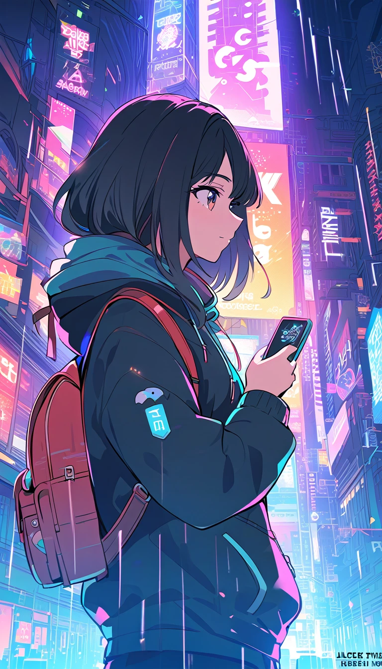 anime girl in the rain with a backpack looking at her phone, black haired girl wearing hoodie, anime style 4 k, artwork in the style of guweiz, anime vibes, profile of anime girl, 4k anime wallpaper, cyberpunk anime girl in hoodie, anime wallpaper 4k, anime wallpaper 4 k, anime style. 8k, style of alena aenami
