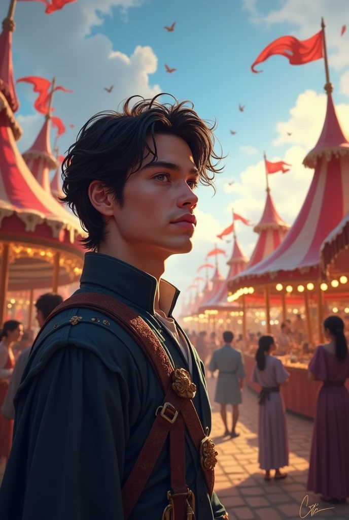 Anime, male, black hair, black eyes, fantasy, falling in love at a medieval festival