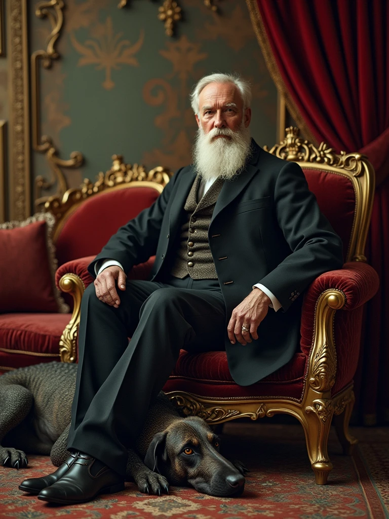 A captivating vintage photograph of a distinguished 1880s Russian aristocrat seated on an exquisite, velvet-upholstered sofa. The man has a long, snowy white beard and a distinguished air. At his feet, a unique mastiff-dragon hybrid creature rests, its head gently touching the floor. The dragon's scales shimmer in the soft, diffused light, and its eyes hold a hint of mysticism. The room is adorned with opulent furnishings and a sense of old-world elegance.