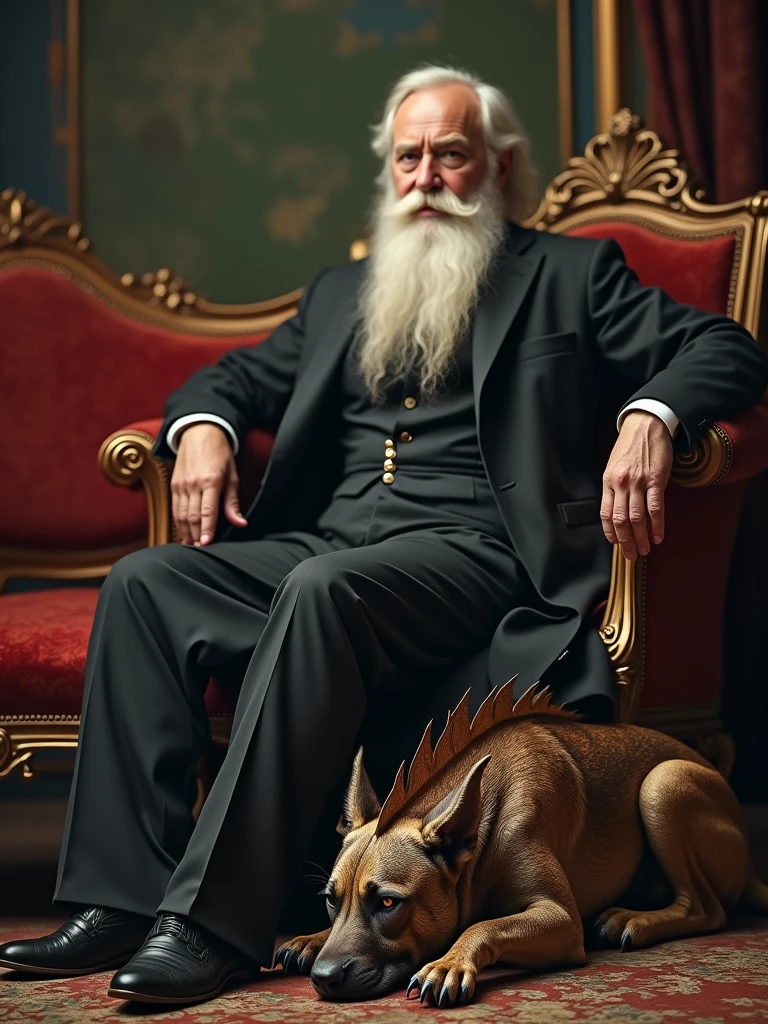 A captivating vintage photograph of a distinguished 1880s Russian aristocrat seated on an exquisite, velvet-upholstered sofa. The man has a long, snowy white beard and a distinguished air. At his feet, a unique mastiff-dragon hybrid creature rests, its head gently touching the floor. The dragon's scales shimmer in the soft, diffused light, and its eyes hold a hint of mysticism. The room is adorned with opulent furnishings and a sense of old-world elegance.