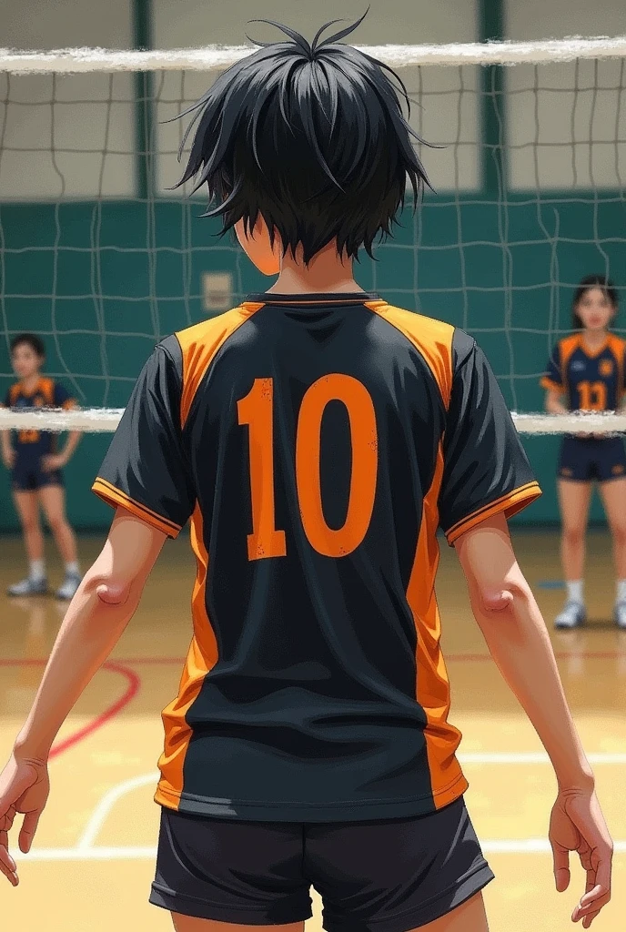 Japanese short black hair high school girl painting style。
oil。
Volleyball club practicing in the gym。
The uniform is black and orange with short sleeves.、Black underneath。The number on his back is 10. It looks like a photograph.。
like an oil painting