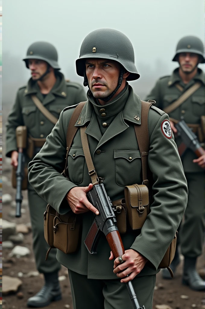 German soldier with fingerprints on his uniform, carrying his mg42 with his companions beside him