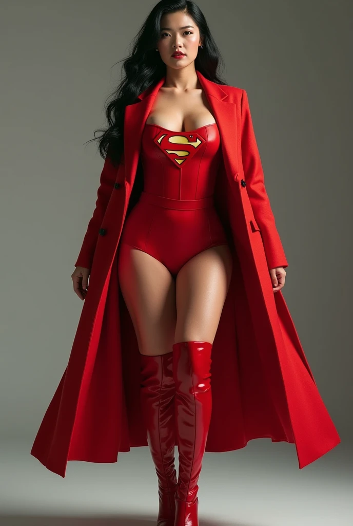 Beautiful curvy Chinese white skin girl, Red lips, Red jumpsuit, Bare thighs，superman logo, coat, boots, Standing posture when shooting, Very detailed, HD, Extremely detailed, Ray Tracing, high resolution, Stunning visuals, 