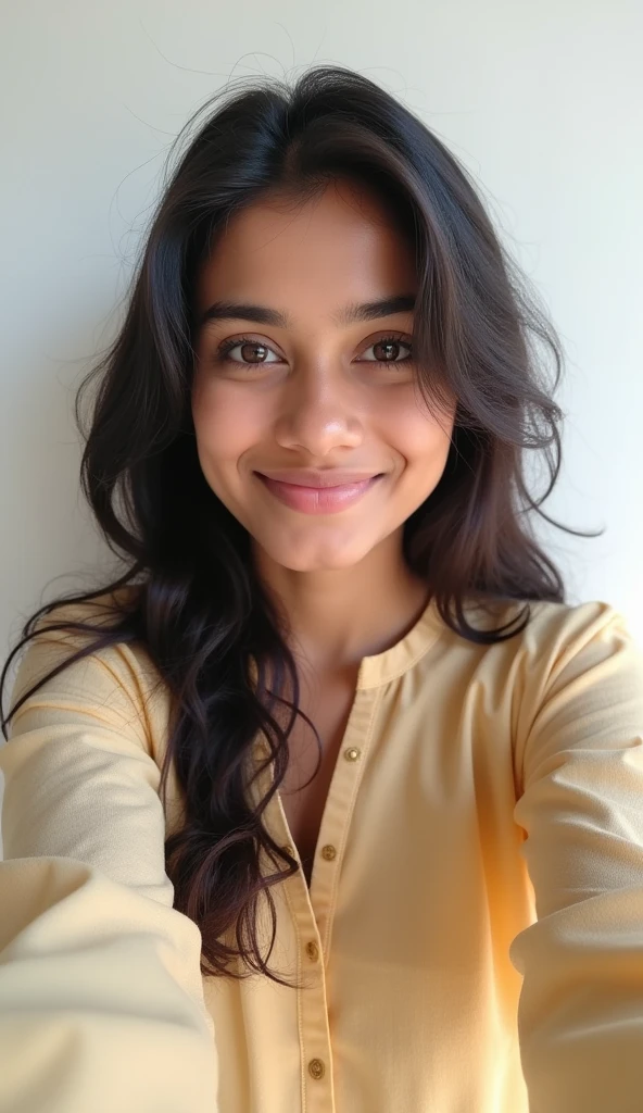 A cute 19 years old indian girl taking selfie, simple smile without showing teeth, white wall background , rough dry face skin  , indian kurta dress , full body view , model pose