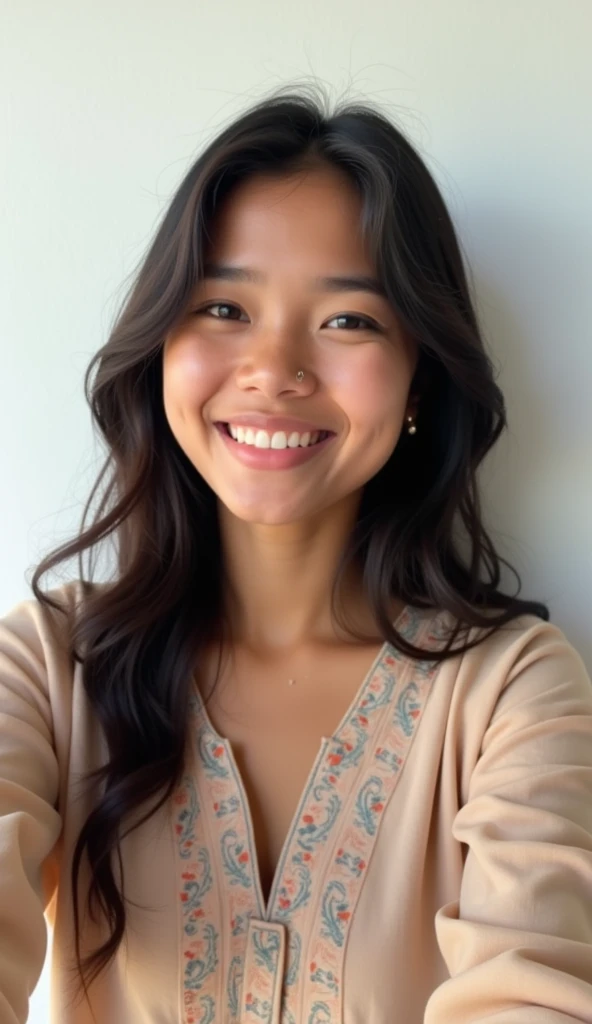 A cute 19 years old indian girl taking selfie, simple smile without showing teeth, white wall background , rough dry face skin , indian kurta dress , full body view , model pose