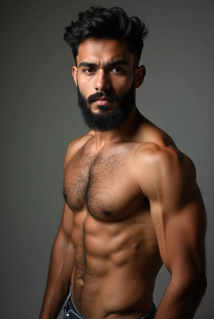 Full body portrait of a handsome and sexy Malay male , He is Malay and no wears, hairy chested and beared he is 23 yo
, Large eyes, manly nose, Looks like Jon Erik Hexum, Photograph taken with Canon EOS R3”