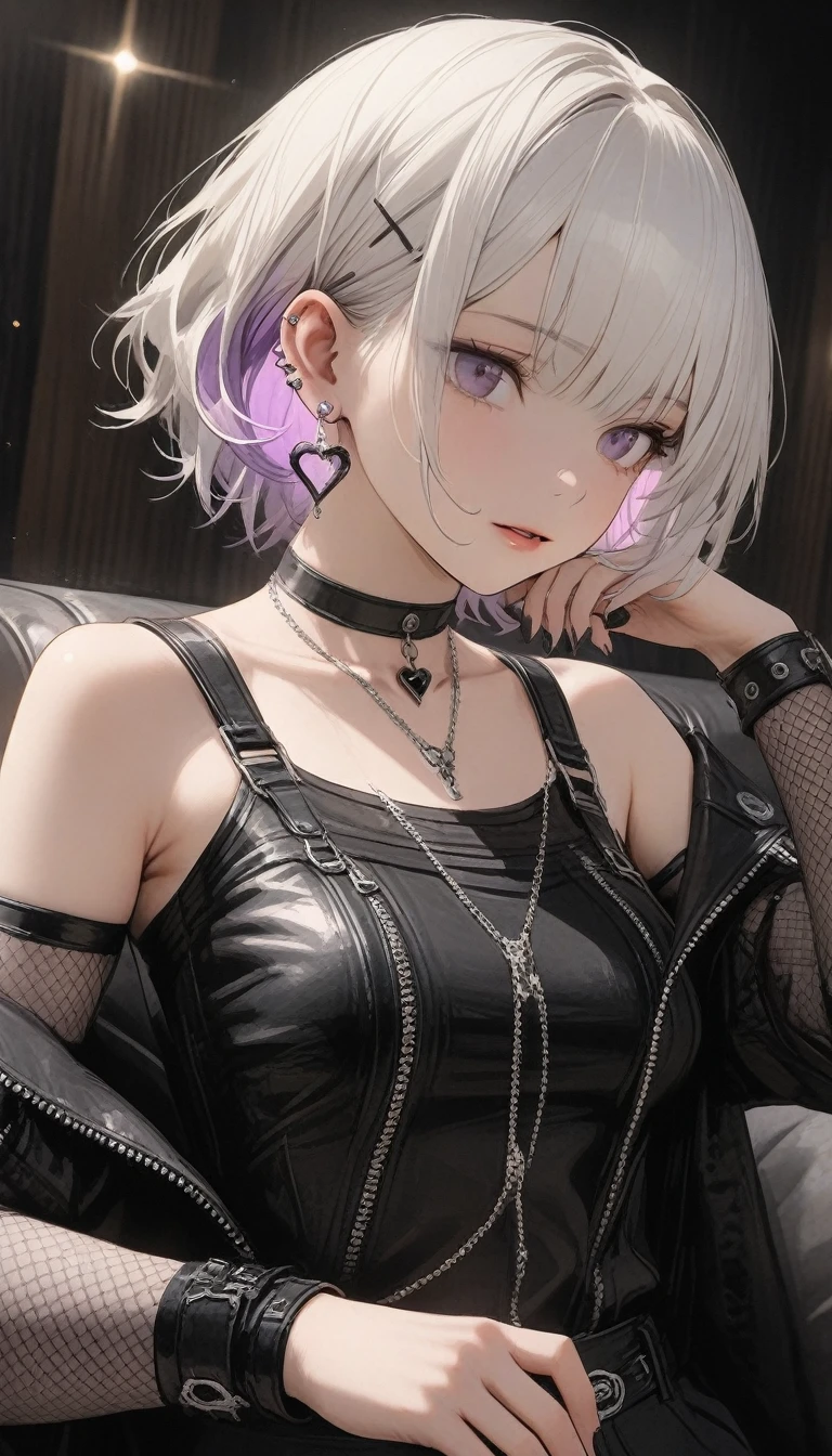 , ((She has silver earrings in her ears... Black choker、Sexy punk fashion with a black base、Too much exposure))、(white hair color、Light purple inner color hairstyle、Hair expressed with a delicate touch), Beautiful Hair, Facial Contour, Remember, Luxury Lounge、Sitting on the couch, splash, Lens flare、moonlight、illumination、Natural Color, High resolution, Very delicate, Very detailed, 8k,Shyness,((Sexual)),((Sexy feeling)),lower angle、Overall angle of view, rtrophto1, (Perfect hands, Perfect Anatomy),15D black stockings,Body net