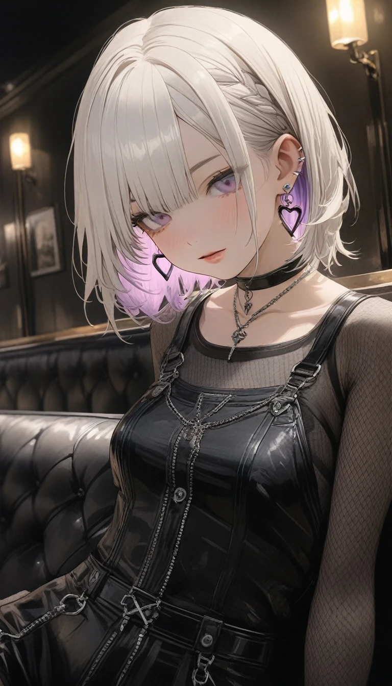 , ((She has silver earrings in her ears... Black choker、Sexy punk fashion with a black base、Too much exposure))、(white hair color、Light purple inner color hairstyle、Hair expressed with a delicate touch), Beautiful Hair, Facial Contour, Remember, Luxury Lounge、Sitting on the couch, splash, Lens flare、moonlight、illumination、Natural Color, High resolution, Very delicate, Very detailed, 8k,Shyness,((Sexual)),((Sexy feeling)),lower angle、Overall angle of view, rtrophto1, (Perfect hands, Perfect Anatomy),15D black stockings,Body net