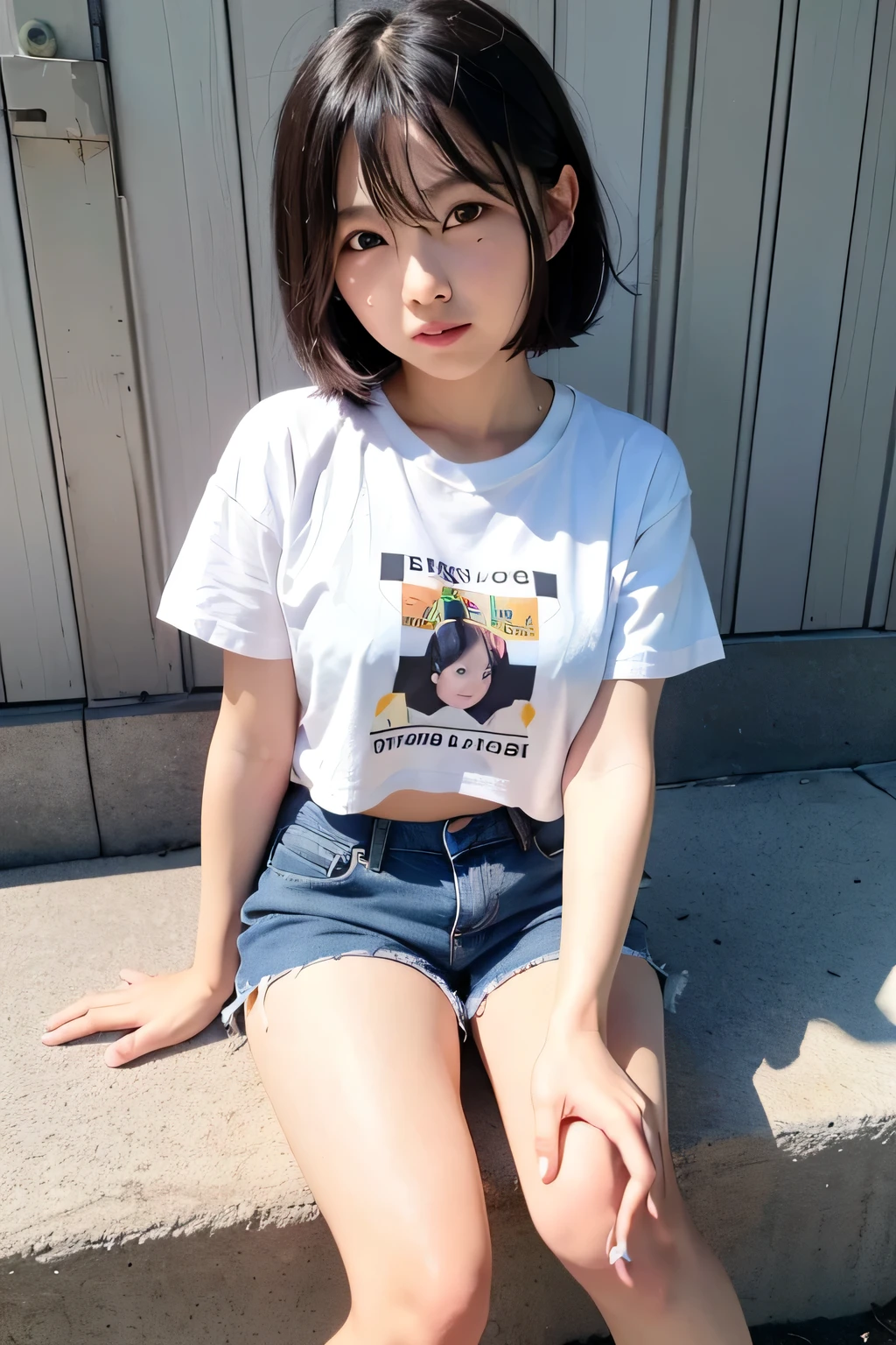 Beautiful girls dressed as 1970s Japanese elementary school students.,she is cute and beautiful like an idol.,She is pure and innocent.,She is wearing a white T-shirt,Extremely short, tight, and skinny denim shorts,High socks and sneakers.Japanese,Black short bob