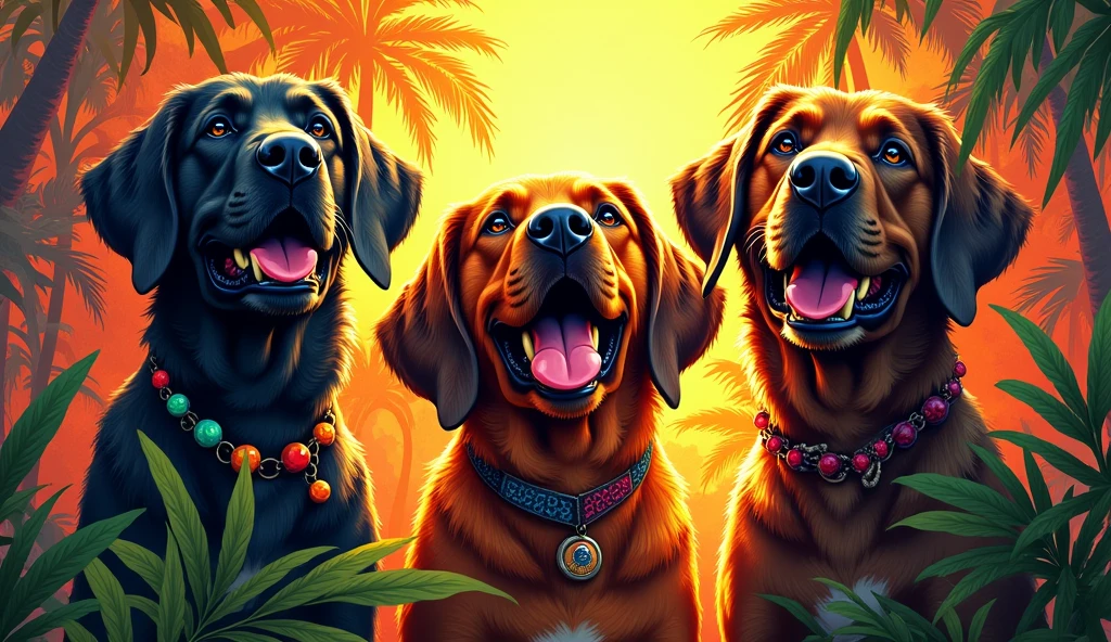 Big Dogs Music Thumbnail Vector Art, With a lot of Jamaican reggae, Authentic Jamaican Reggae Music Atmosphere,colorful illustrations, At the center, swirly vibrant colors, paint splashes and smears, high détail,
