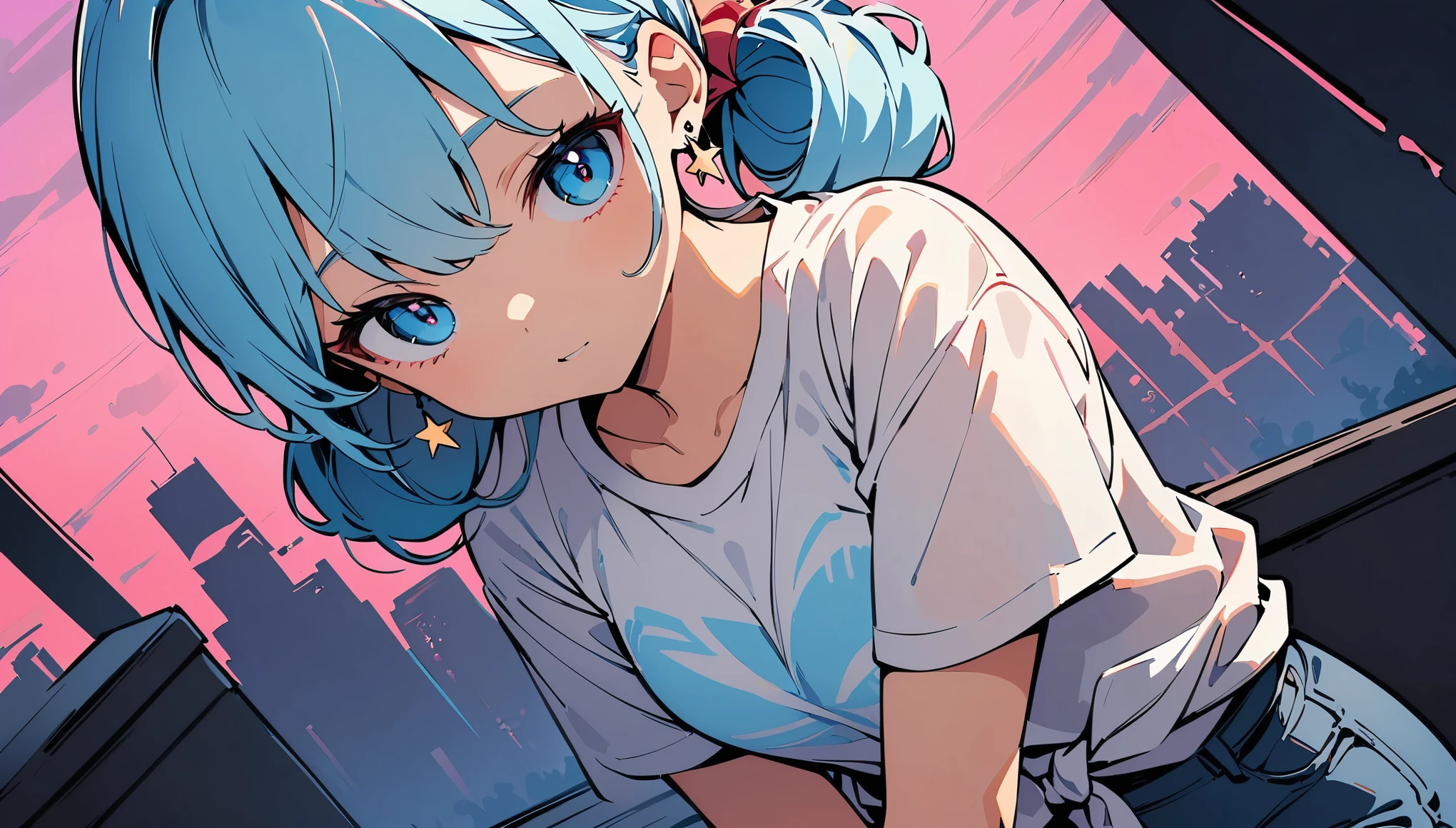 (high quality, 8k, 4K, High Contrast, masterpiece:1.2, 最high quality, Best aesthetics), (Dynamic Angle), ((1 female teen)), ((Plain and bright background)), ((Flat Color)), (Plain white T-shirt on the upper body), (jeans), Looking at the audience, Upper Body, Transparent Background, Sleepy eyes, High Contrast, Contrasting colors, Cowboy Shot, Pale pink and blue lighting, Long Hair, ((Tied Hair)) , Light blue hair, Small star-shaped earrings in both ears, Wearing a casket, watch, bright eyeshadow, Cool look, Small Tits, Her bra is slightly visible through her T-shirt , Clothes wet from the rain. Raining background,