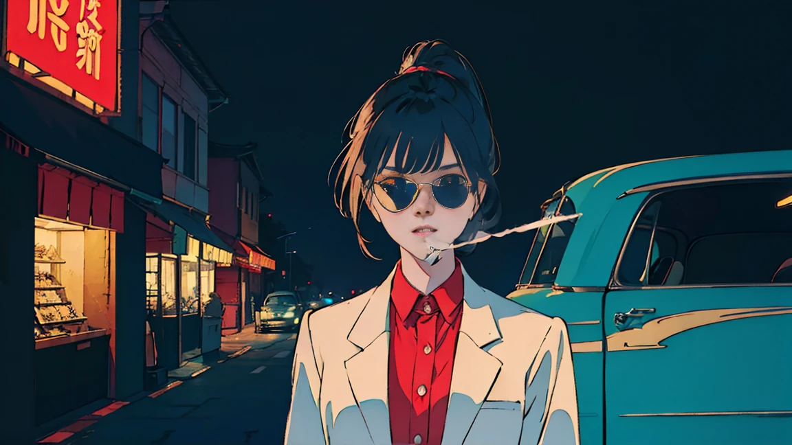 Asian beauty with ponytail hair, old car in background, perfect face, sunglasses, smoking white tailor-made cigarette, neo-noir, (after backlight correction: 1.1), hard shadow, masterpiece, top quality, , model shooting style, vintage, film grain, perfect detail,