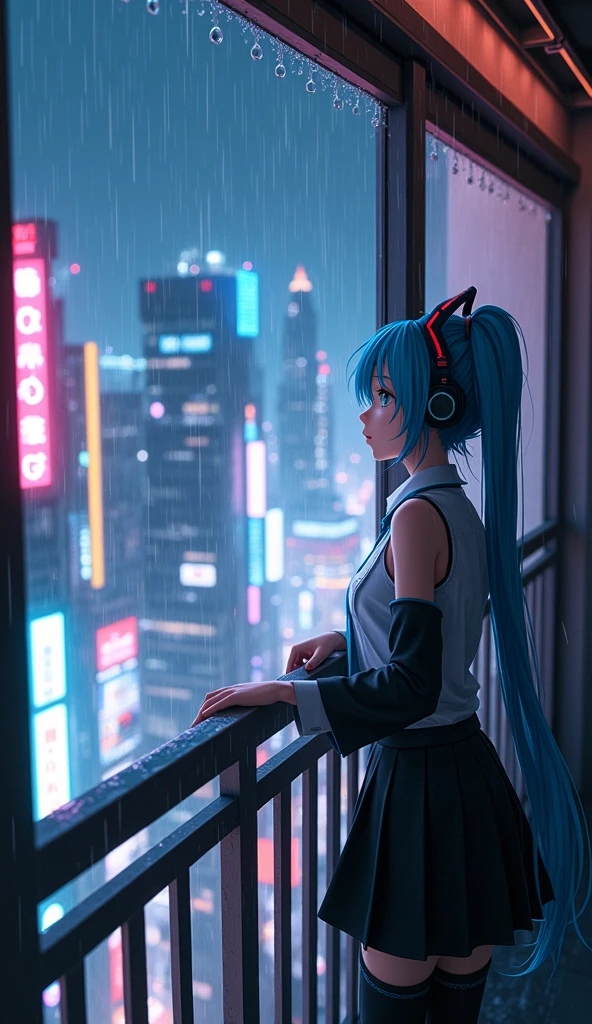 Cyberpunk city japan anime girl Hatsune miku in balcony looking from window with hand on the window. Night time neon light mode, raining. 4k resolution 