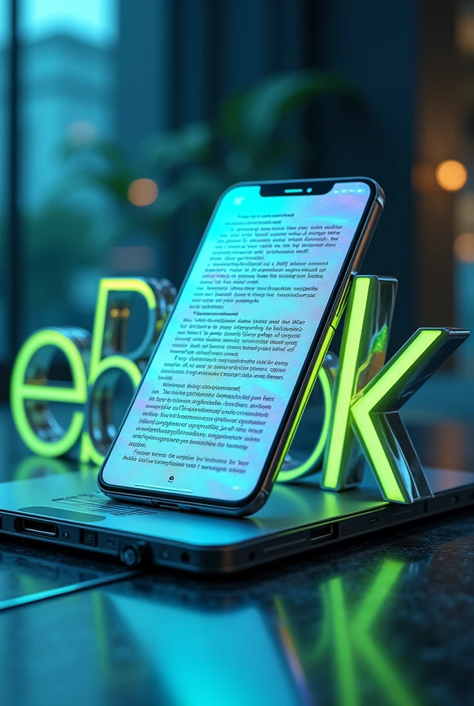 A stunning 4K design featuring the words "Design Printing" in the back row in green colors, and "eBook " in the front in bold blue and yellow colors. The logo is crafted in a futuristic, minimalist style and is being applied to a sleek, high-tech smartphone. The phone's screen displays various colorful textbooks contents. The overall visual is dynamic, with a sense of modernity and innovation.