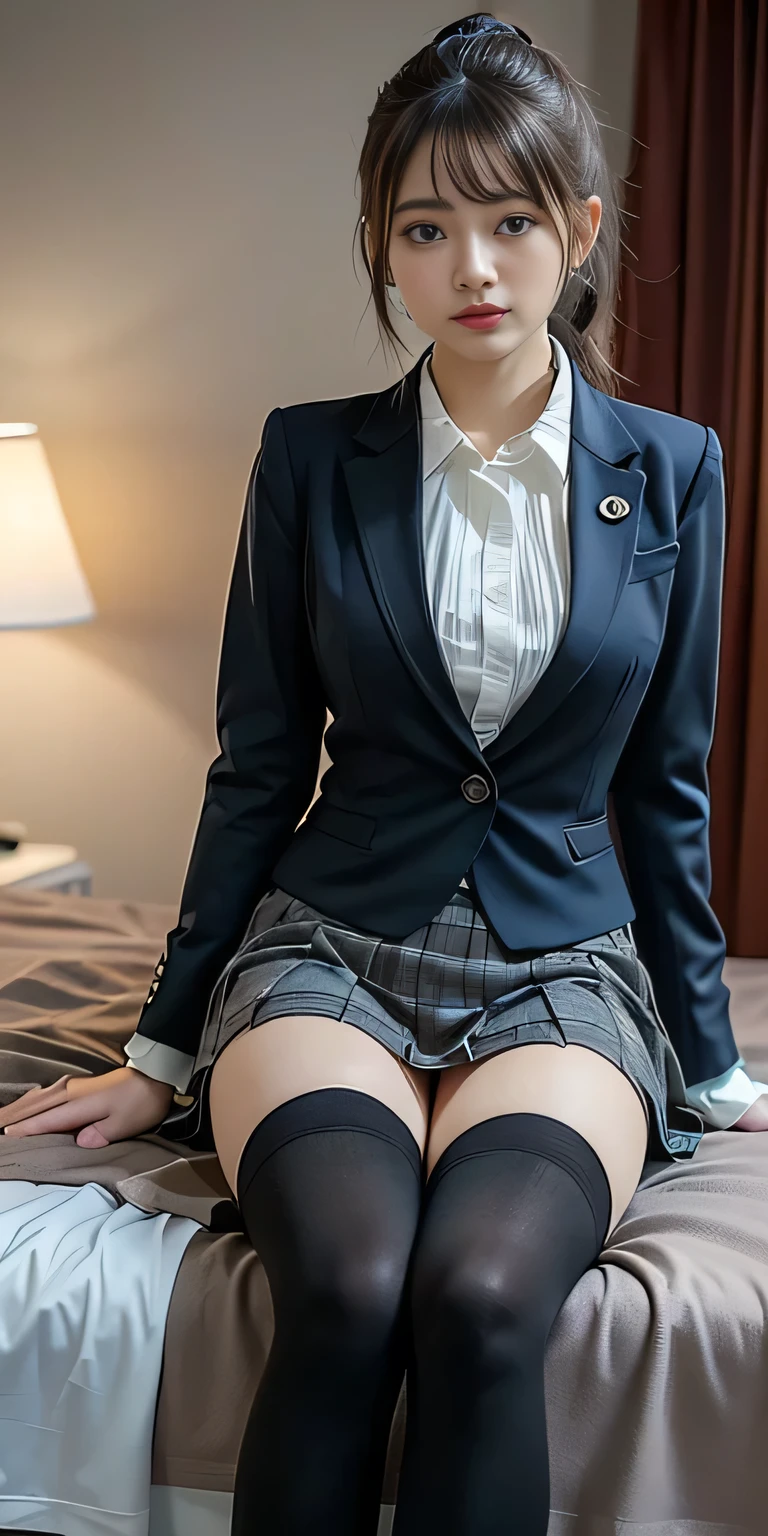 ((masterpiece:1.4))、((flying debris:1.4))、((A woman with long, light brown hair:1.4))、((Wear a grey checkered pleated skirt:1.4))、((黒色のタイトなWearing a suitいる:1.4))、((Stand in the hotel bedroom))、very Sexy Costumes, 厳格なWearing a suitいる、Stylish and gorgeous cosplay, Sexy Costumes, ファッションWearing a suitいる, Wearing a suit, Dress appropriately、((黒色のWearing a suitいる:1.4))、Sexy look, suit、((黒いWearing a suitいる:1.4))、黒いWearing a suitいる、((Confused expression:1.4))、((Black knee-high socks:1.4))、