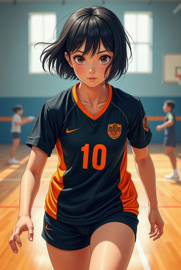 Japanese short black hair high school girl painting style。
oil。
Volleyball club practicing in the gym。
The uniform is black and orange with short sleeves.、Black underneath。The number on his front is 10. It looks like a photograph.。
like an oil painting