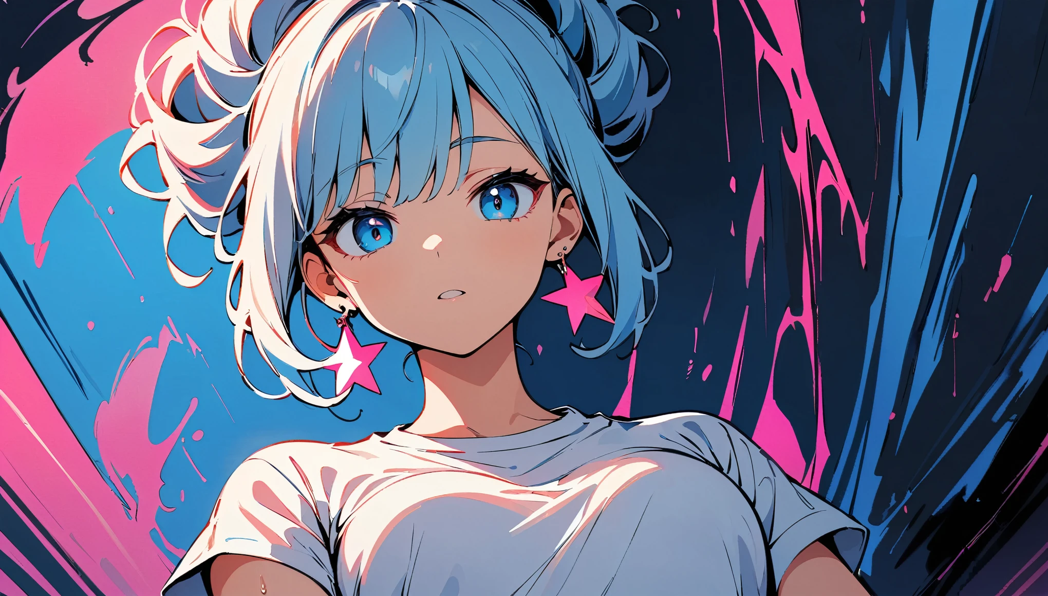 (high quality, 8k, 4K, High Contrast, masterpiece:1.2, 最high quality, Best aesthetics), (Dynamic Angle), ((1 female teen)), ((Plain and bright background)), ((Flat Color)), (Plain white T-shirt on the upper body), (jeans), Looking at the audience, Upper Body, Transparent Background, Sleepy eyes, High Contrast, Contrasting colors, Cowboy Shot, Pale pink and blue lighting, Long Hair, ((Tied Hair)) , Light blue hair, Small star-shaped earrings in both ears, Wearing a casket, watch, bright eyeshadow, Cool look, Small Tits, Her bra is slightly visible through her T-shirt ,　Clothes wet from the rain.　Raining background,