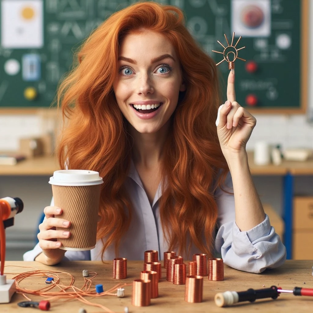 a vibrant and cheerful portrait photograph of ginger haired smart British woman Hannah Fry having eureka moment when she assembled simple principles of loud speaket from copper coils, magnets and a paper coffee cup as a membrane, realistic, at the school education laboratory, insanely intricate details, ultrasharp focus, shallow depth of field, ambient lighting, professional cinematic photography masterpiece with faint reflection in the coffee cup