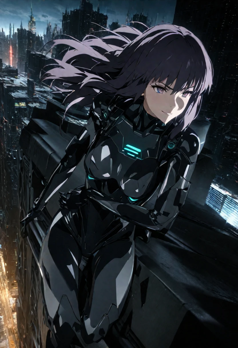 Ultra-high-definition 3D CG graphics of Kusanagi Motoko from the anime Ghost in the Shell、Purple hair, tight black bodysuit,she jumps off the roof of a building, facing the building with a defiant smile on his face.The black cyber suit is about to be enveloped in a transparent optical camouflage. Breathtaking 3D CG graphics.(high quality, masterpiece, best quality, 4k.8k.:1.5). Ultra detail, super fine painting, movie scene-like picture, dramatic lighting, sharp focus, professional photo resolution, 3d rendering, award winning,Ghost in the Shell